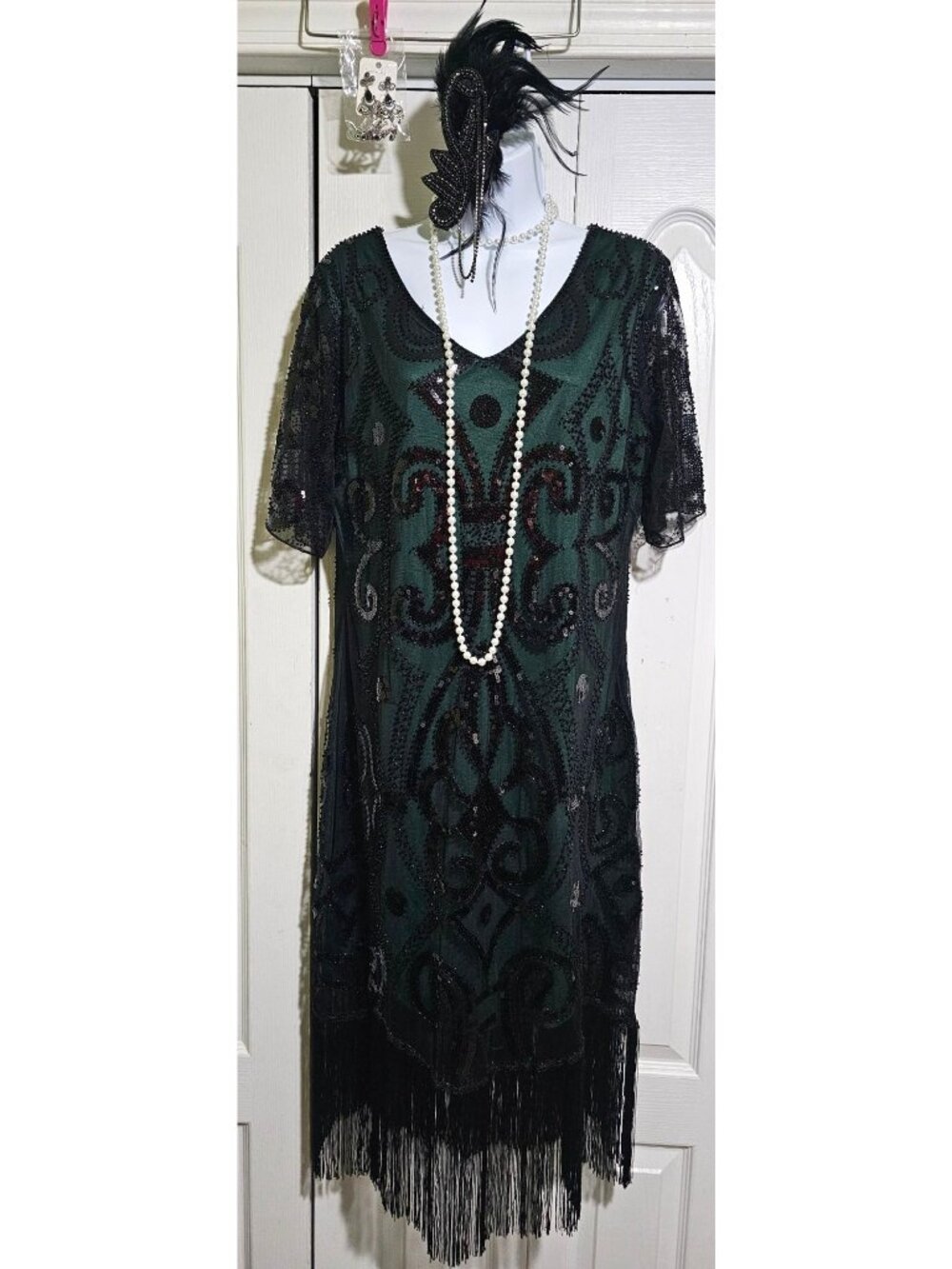 Womens 20s Flapper Costume Great Gatsby Black Green Beaded Dress Pearls XXL